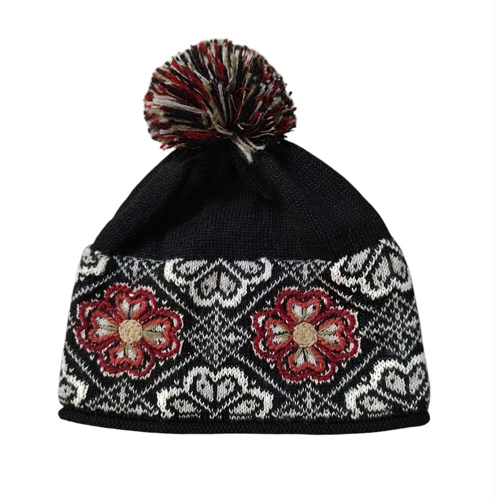 Peruvian Link Sienna Alpaca Black and Red Floral Knit Pom-Pom Beanie